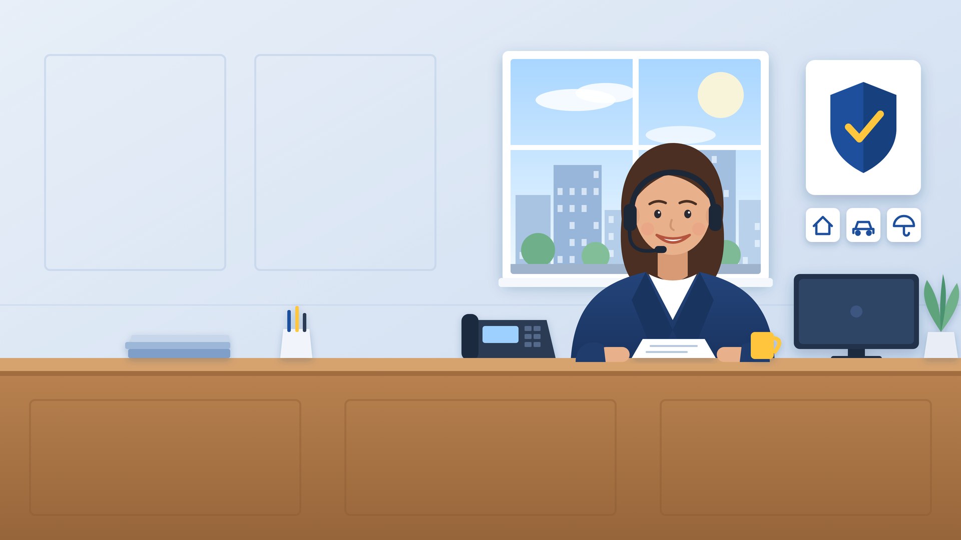 Illustration of an insurance agent wearing a headset at an agency front desk, with a shield emblem and home, auto, and umbrella icons on the wall