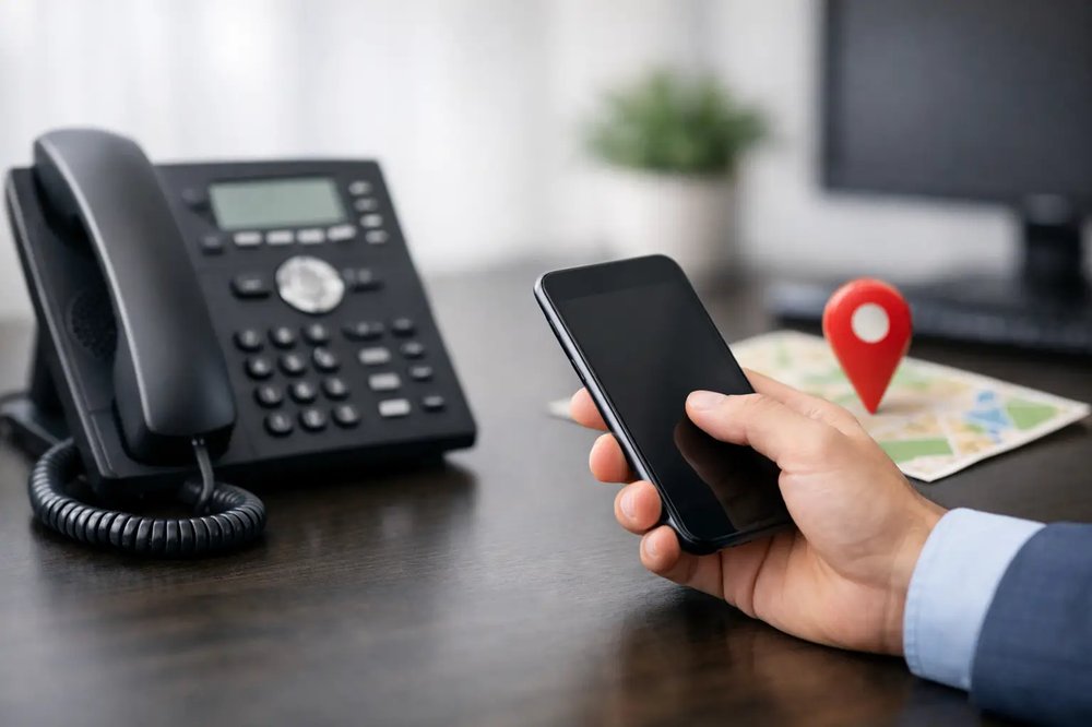 A business desk VoIP phone next to a hand holding a smartphone and a red map location pin, showing a local business phone number